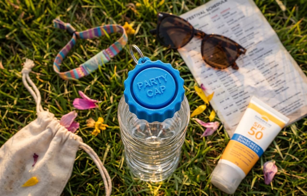 Blauer Party-cap Festival-Deckel mit Logo auf einer Wasserflasche im Gras, mit Festival-Essentials wie Sonnenbrille und Festivalbändchen