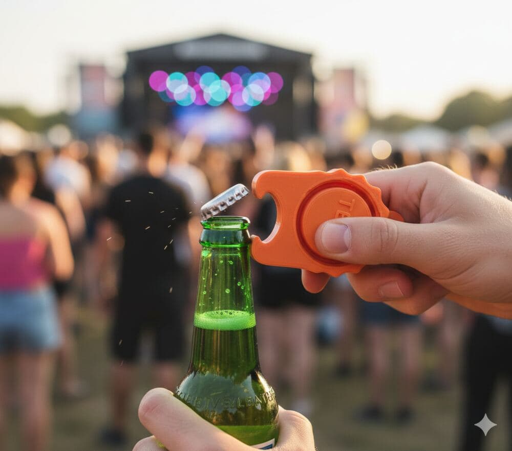 Hand mit orangefarbenem Party-cap Flaschenöffner, der auf einem Festivalgelände ein Bier öffnet